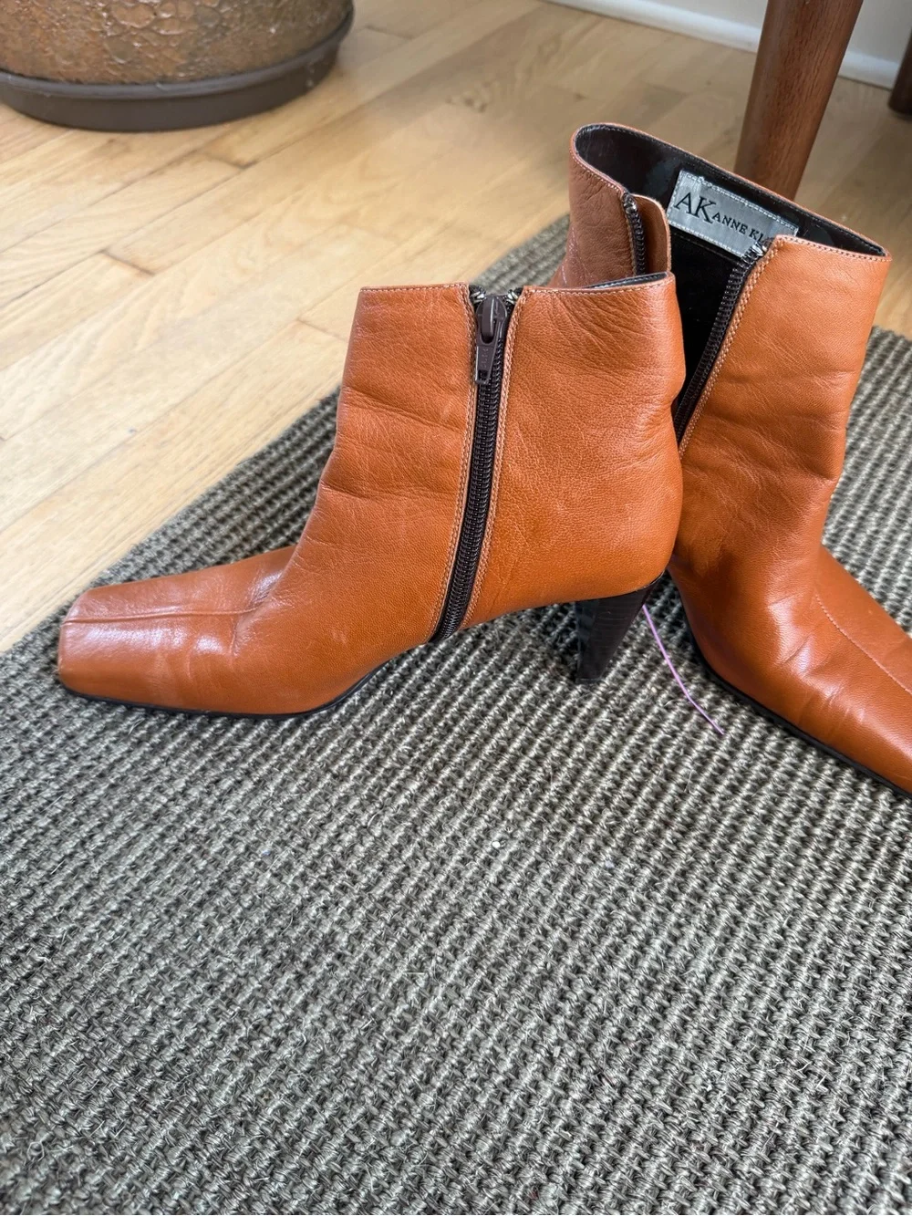 Anne Klein Cognac Leather Square-Toe Ankle Boots